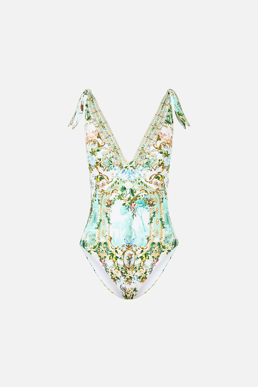 The CAMILLA RUCHED TRI - TIE SHOULDER ONE PIECE VENUS ON A VESPA in our  print.