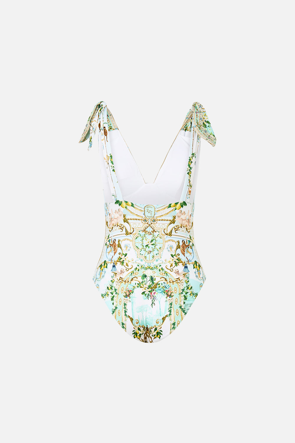 The CAMILLA RUCHED TRI - TIE SHOULDER ONE PIECE VENUS ON A VESPA in our  print.