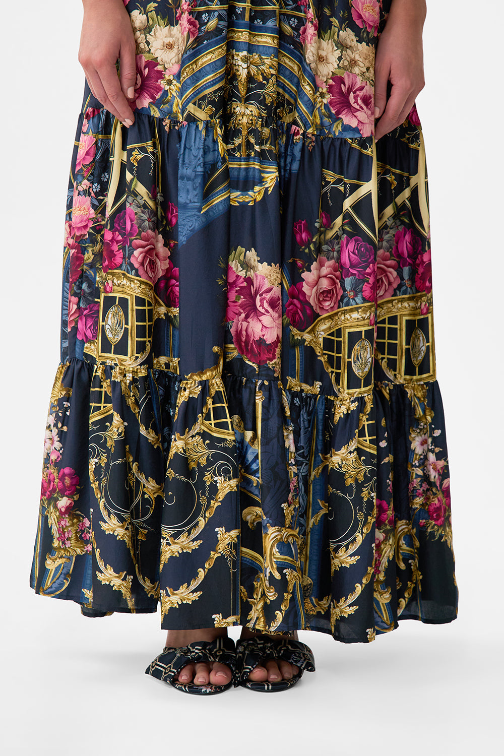 The CAMILLA High Waisted Tiered Skirt in our Ornate On A Plate print.