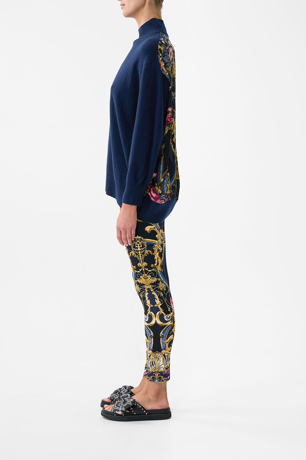 The CAMILLA SILK BACK TURTLE NECK KNIT ORNATE ON A PLATE in our  print.