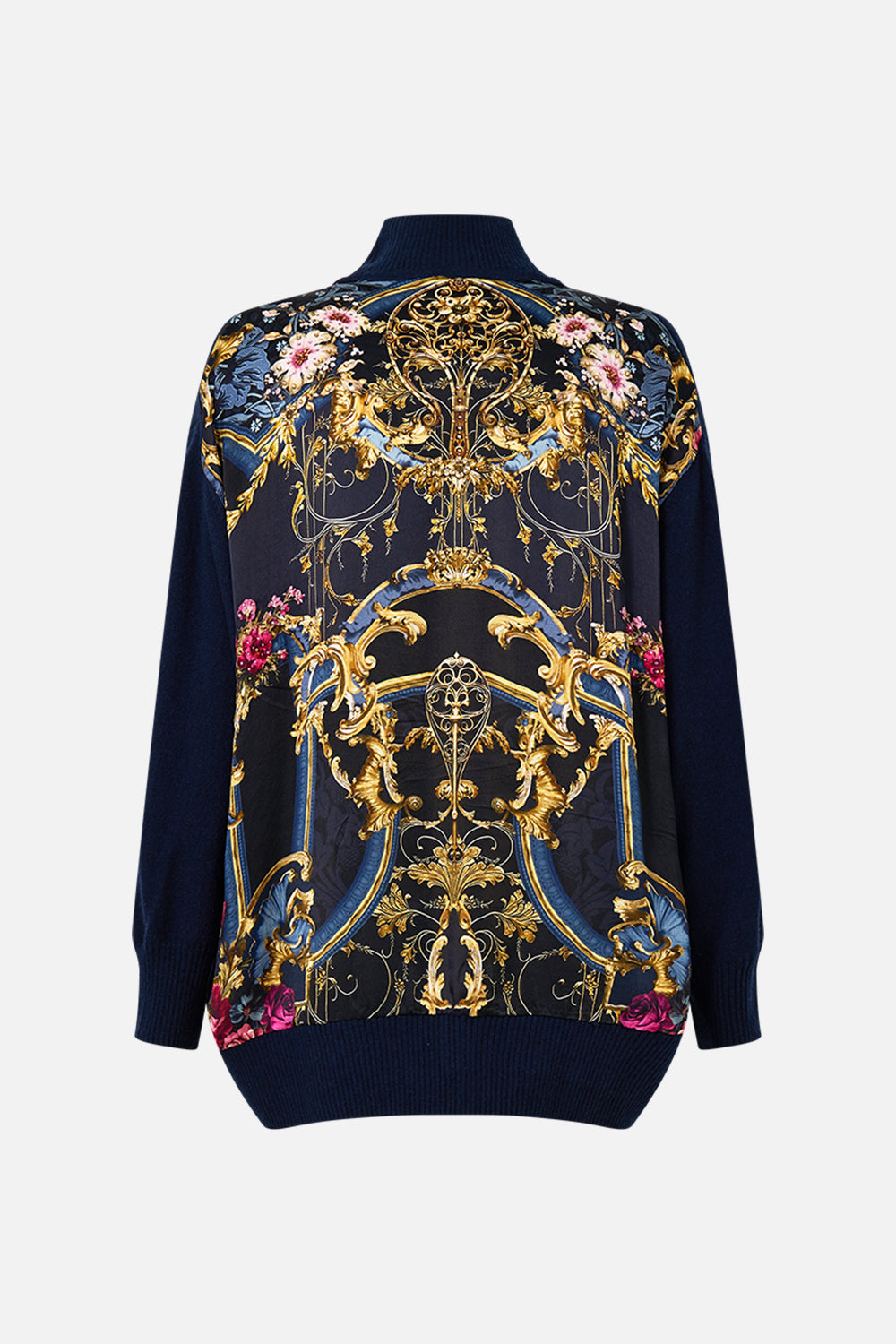 The CAMILLA SILK BACK TURTLE NECK KNIT ORNATE ON A PLATE in our  print.