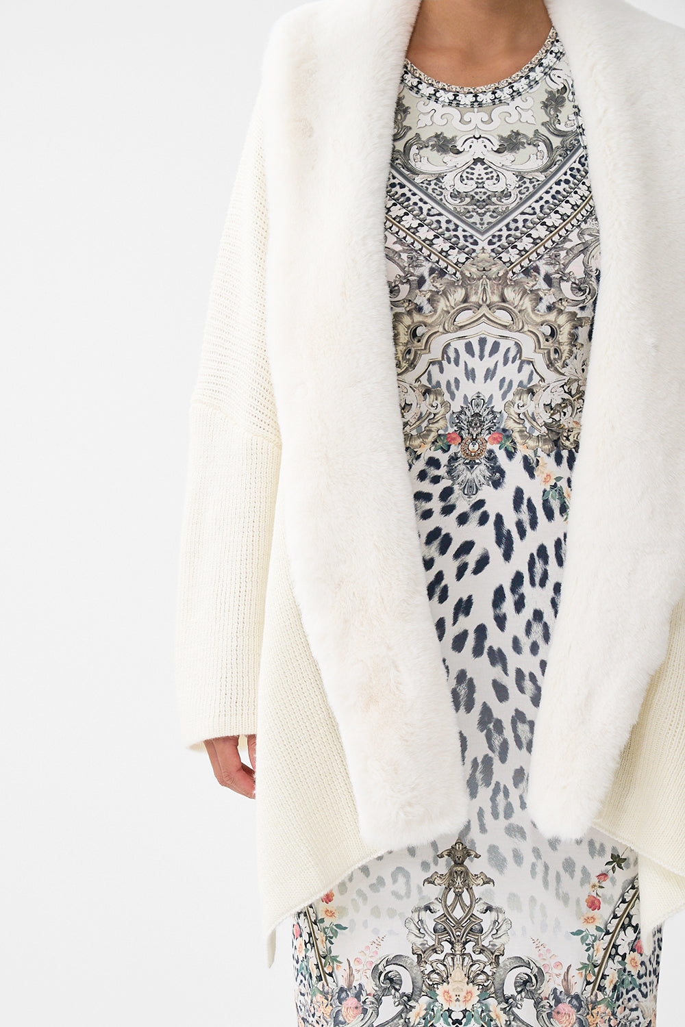The CAMILLA KNIT RELAXED LAYER WITH FAUX FUR MARBLE HEAVEN in our  print.
