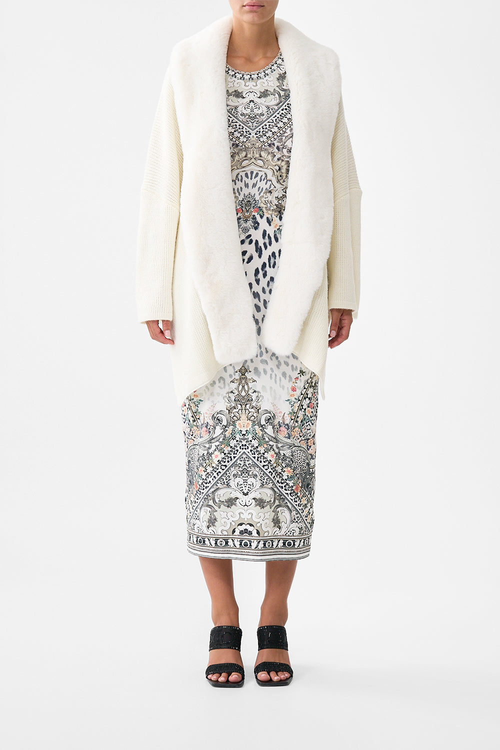 The CAMILLA KNIT RELAXED LAYER WITH FAUX FUR MARBLE HEAVEN in our MARBLE HEAVEN print.
