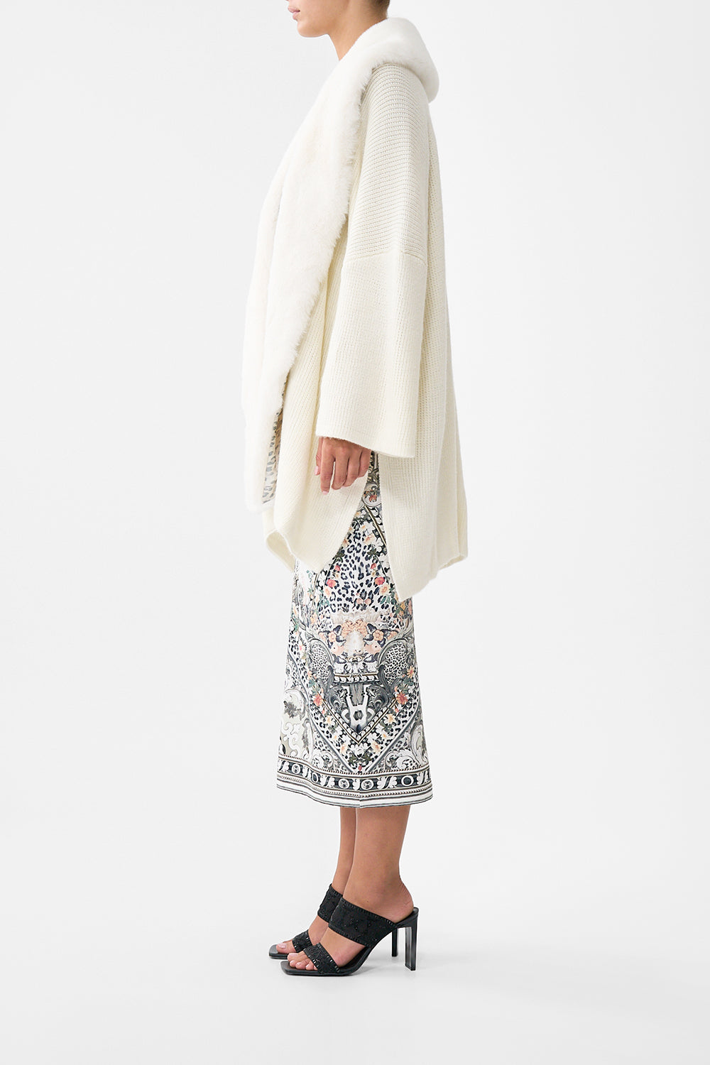 The CAMILLA KNIT RELAXED LAYER WITH FAUX FUR MARBLE HEAVEN in our  print.