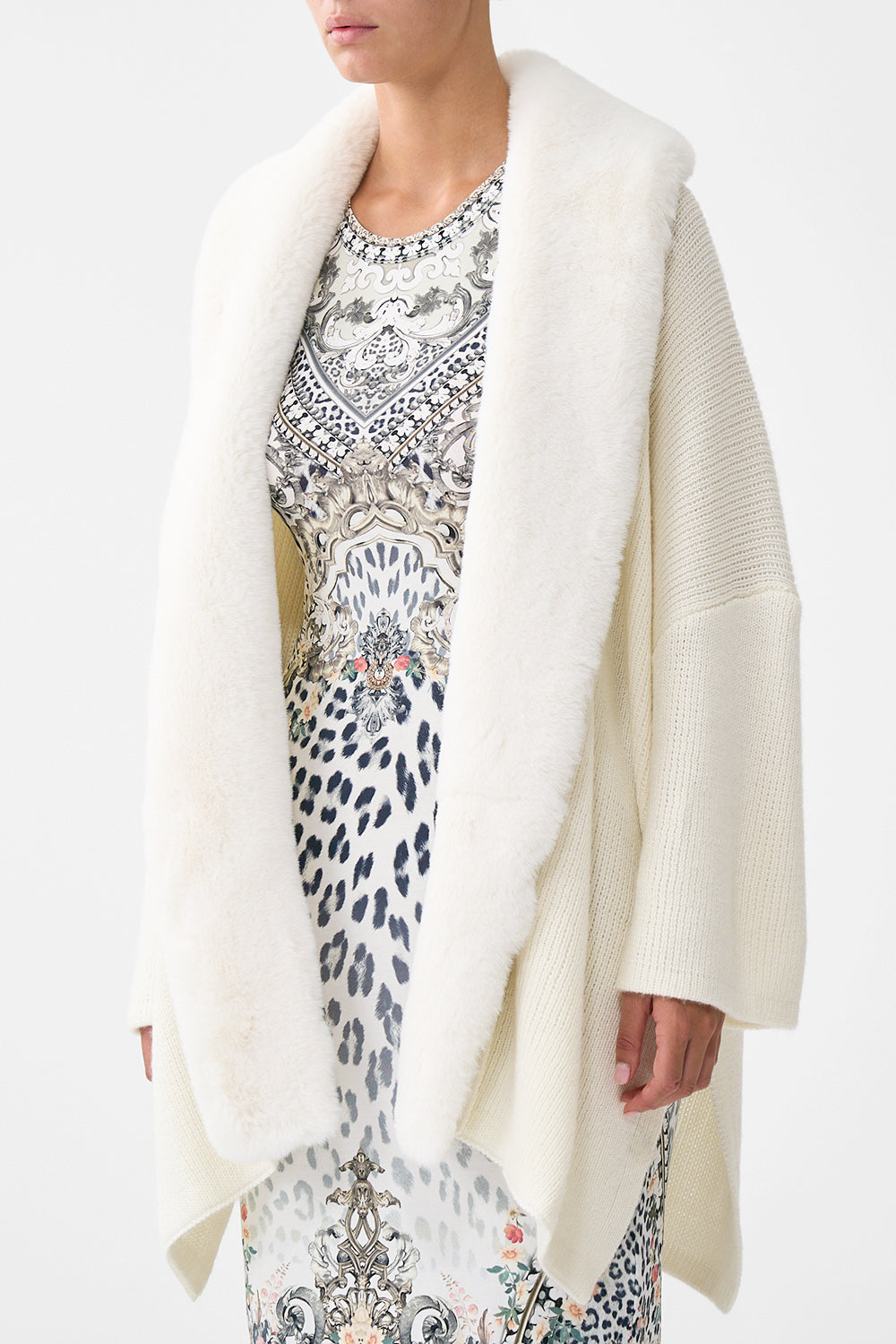 The CAMILLA KNIT RELAXED LAYER WITH FAUX FUR MARBLE HEAVEN in our  print.