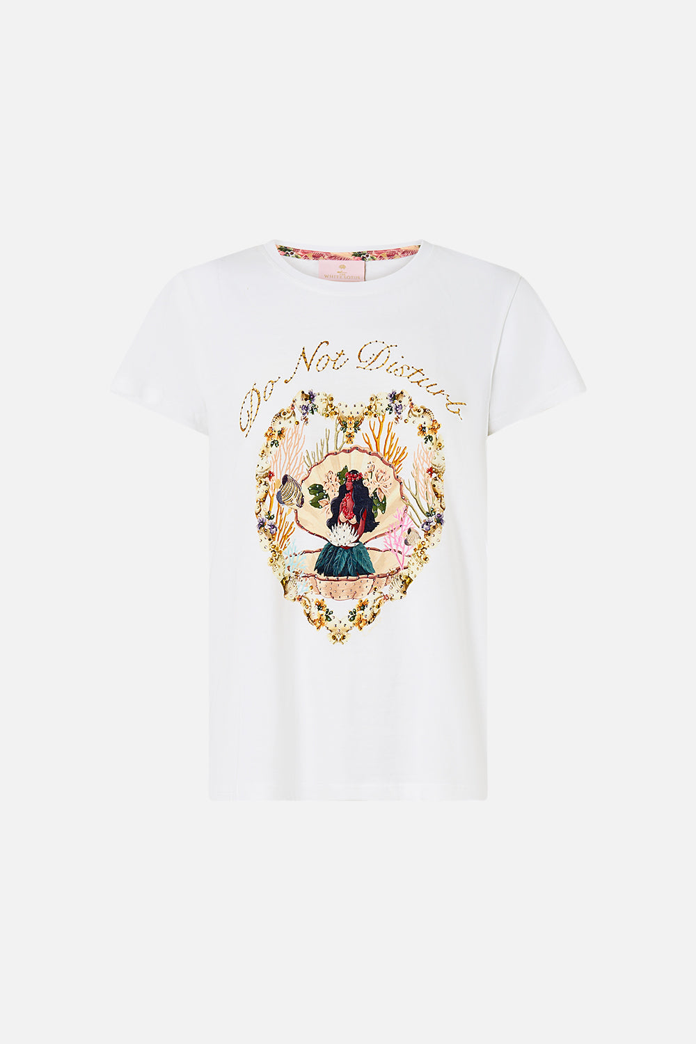 The CAMILLA SLIM FIT ROUND NECK T-SHIRT WELCOME TO THE WHITE LOTUS in our  print.