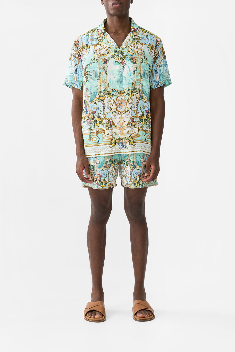 The CAMILLA SHORT SLEEVE CAMP COLLARED SHIRT VENUS ON A VESPA in our VENUS ON A VESPA print.