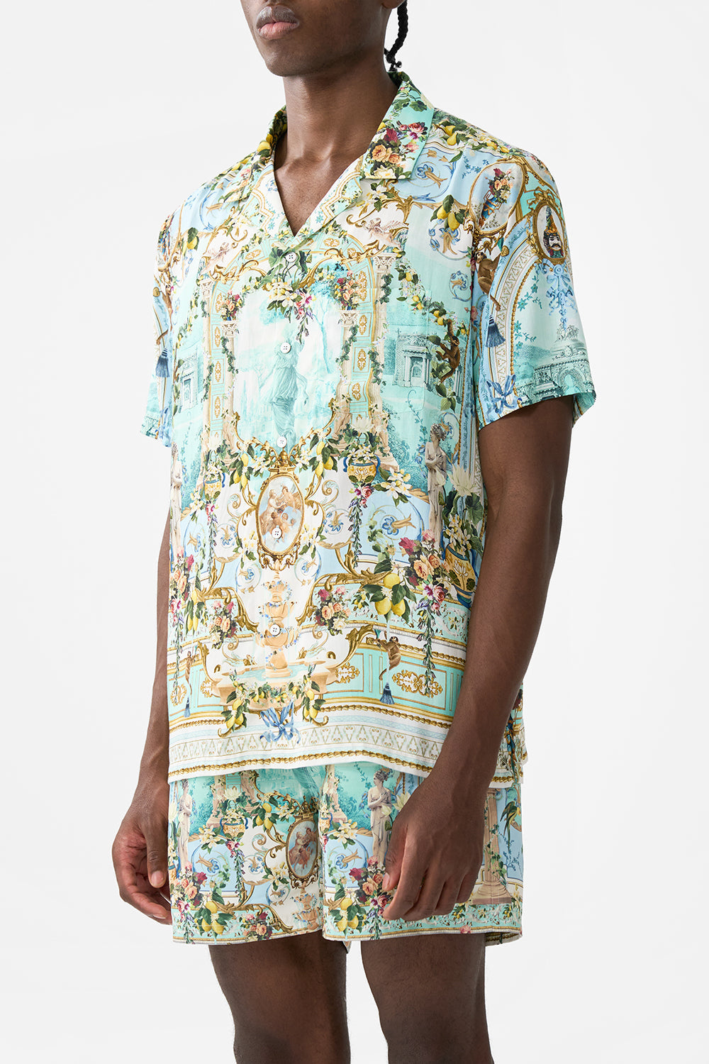 The CAMILLA SHORT SLEEVE CAMP COLLARED SHIRT VENUS ON A VESPA in our  print.