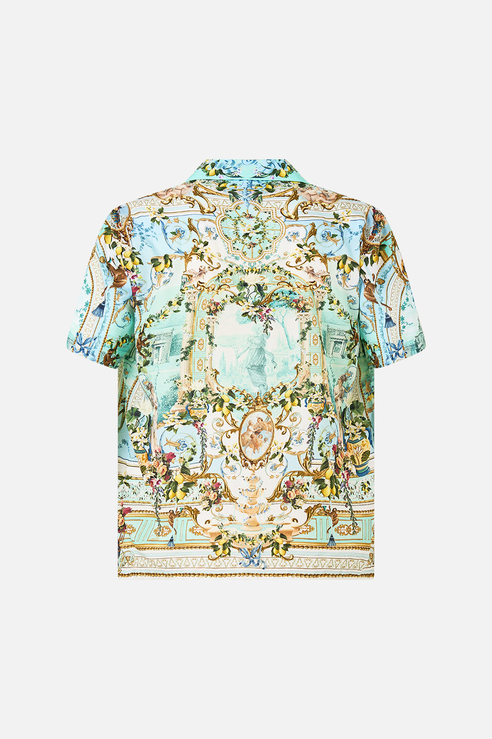 The CAMILLA SHORT SLEEVE CAMP COLLARED SHIRT VENUS ON A VESPA in our  print.