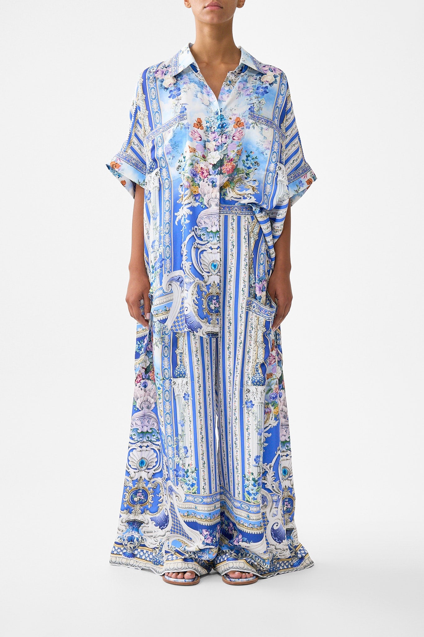The CAMILLA WIDE LEG TROUSER WITH FRONT POCKETS OTTOMAN OPULENCE in our OTTOMAN OPULENCE print.