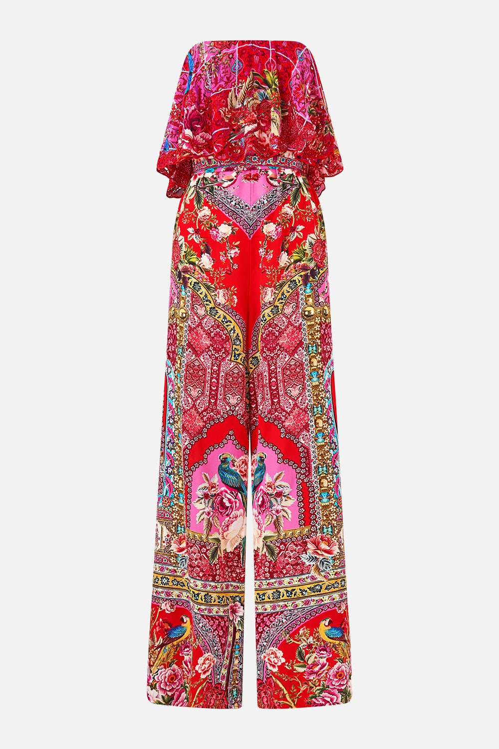 The CAMILLA STRAPLESS JUMPSUIT WITH FRILL HEIRLOOM EMPIRE in our  print.