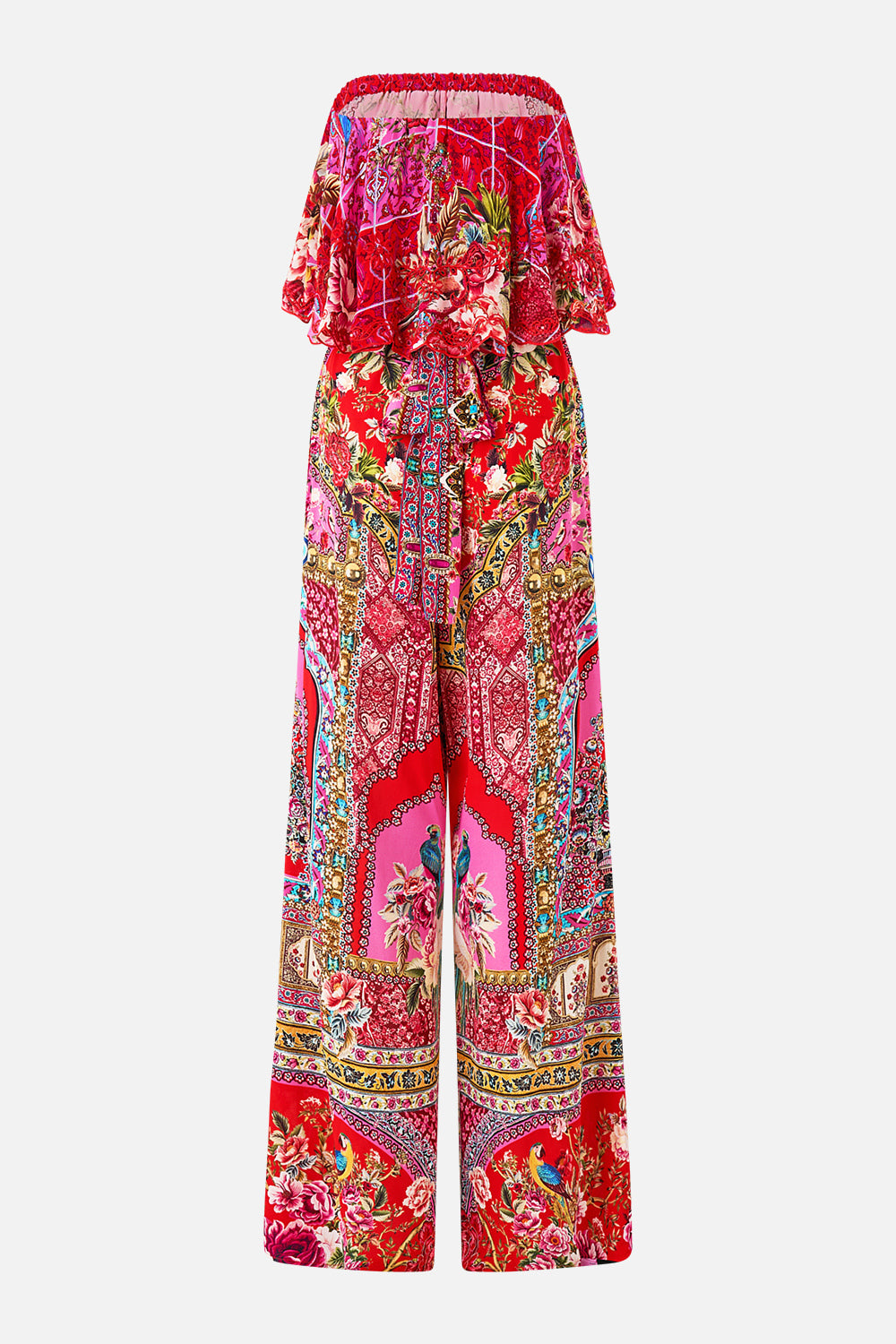 The CAMILLA STRAPLESS JUMPSUIT WITH FRILL HEIRLOOM EMPIRE in our  print.