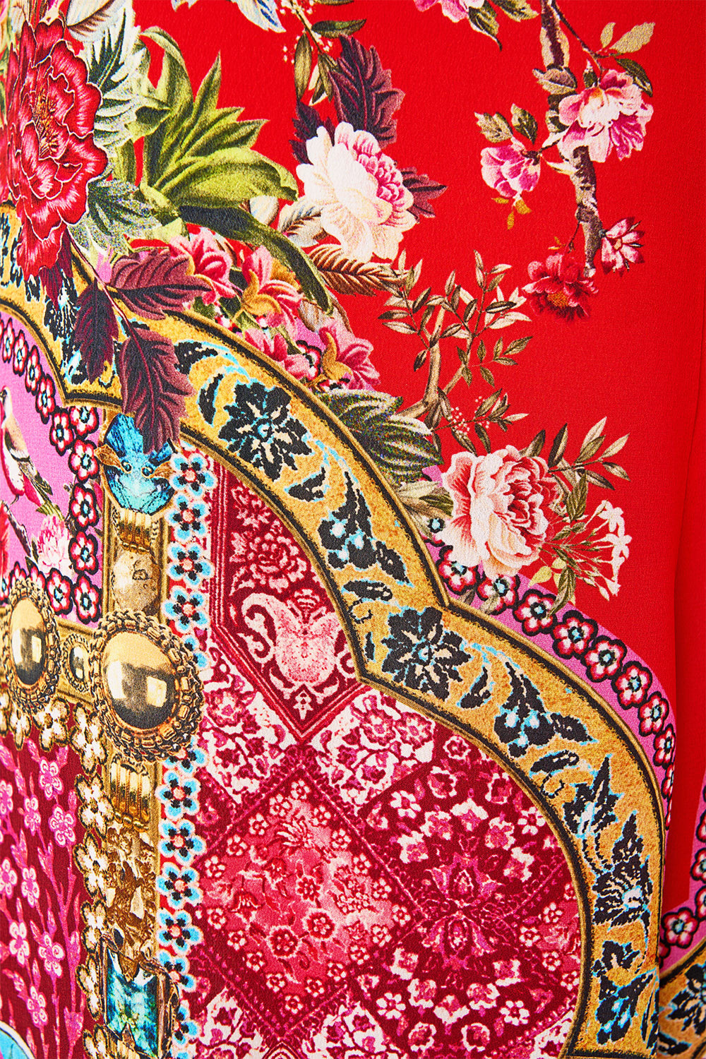 The CAMILLA STRAPLESS JUMPSUIT WITH FRILL HEIRLOOM EMPIRE in our  print.