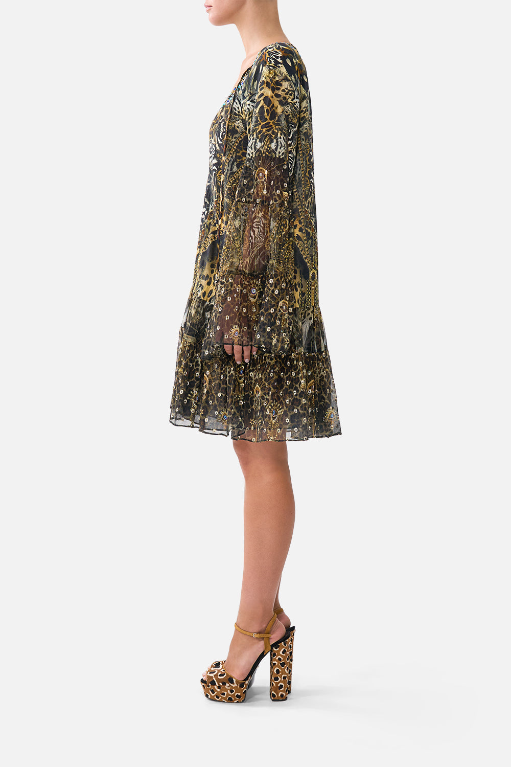 A-LINE GATHERED PANEL DRESS FELINE FOLKLORE