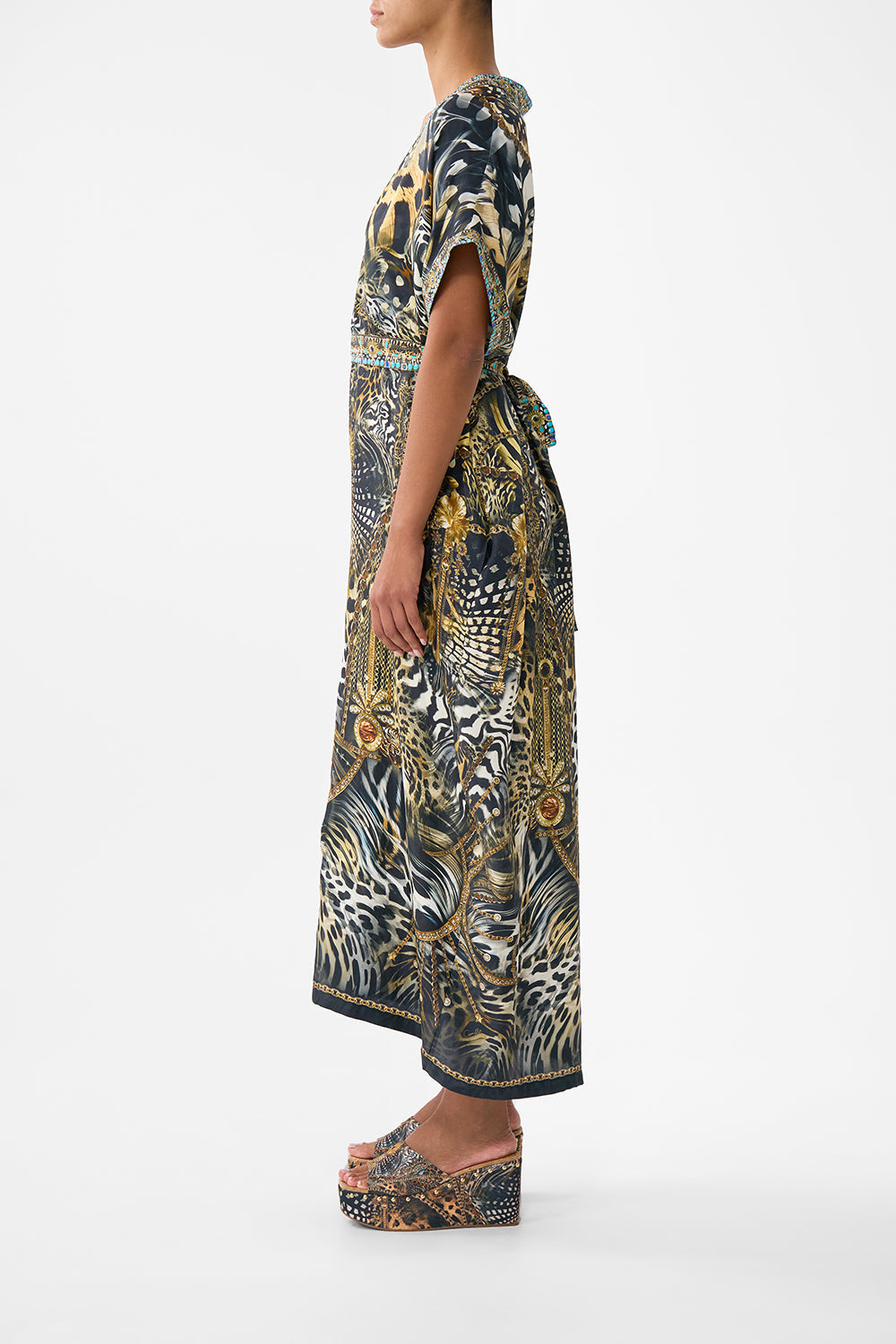 The CAMILLA short sleeve kaftan with tie waist from our print feline folklore