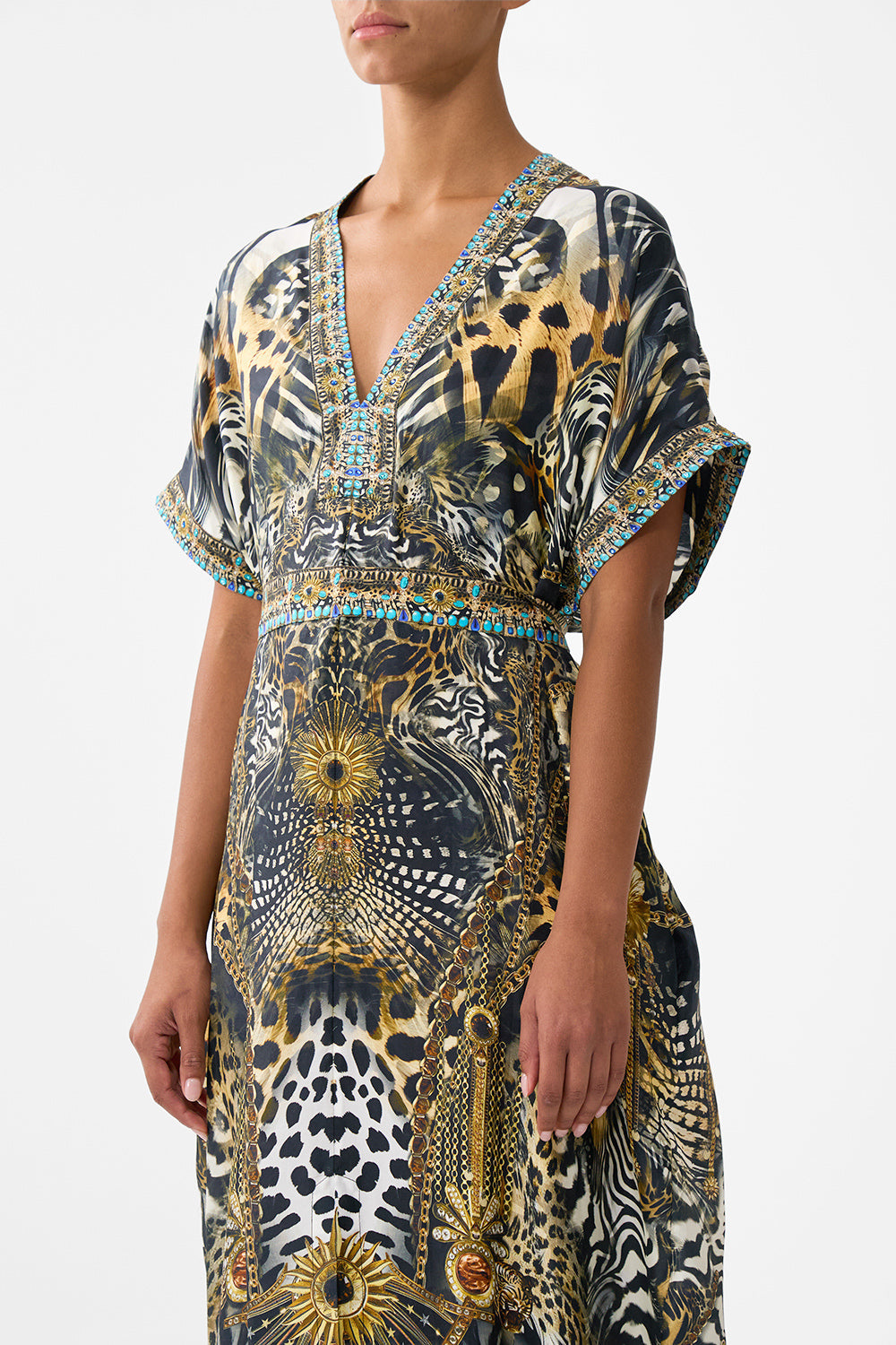 The CAMILLA short sleeve kaftan with tie waist from our print feline folklore