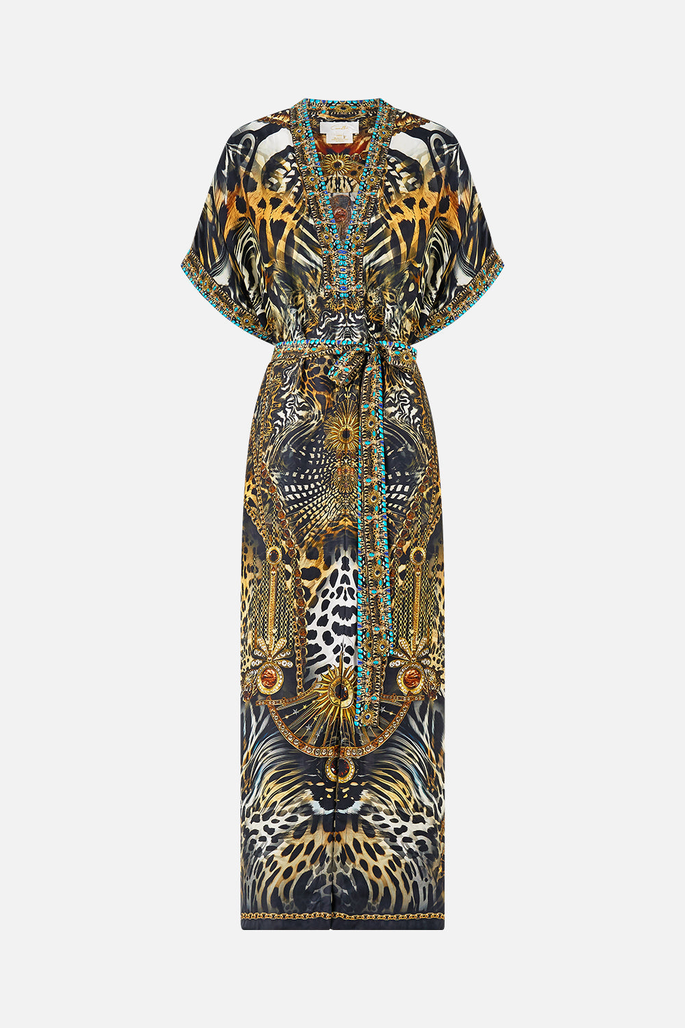 The CAMILLA short sleeve kaftan with tie waist from our print feline folklore, front product view