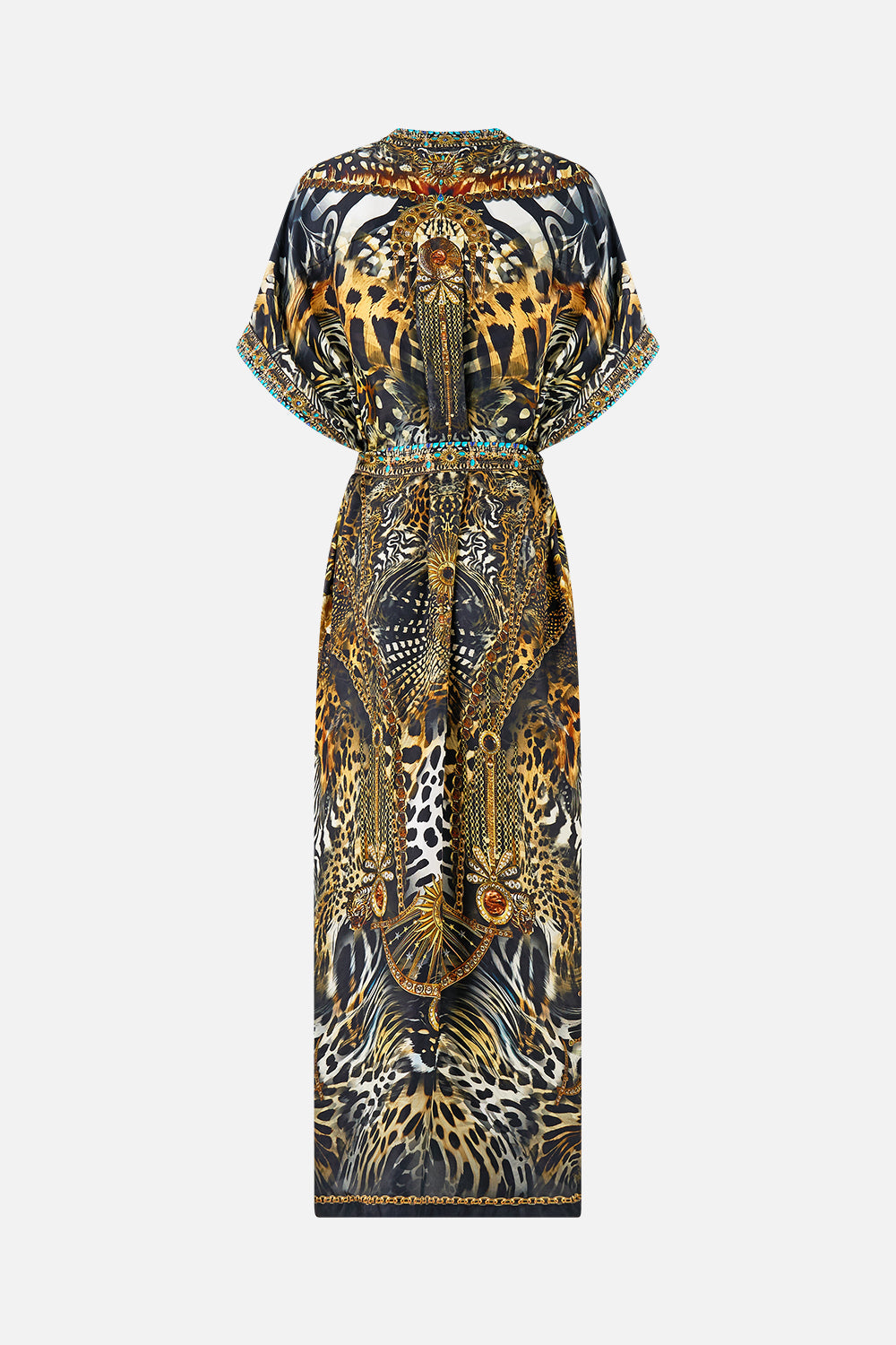The CAMILLA short sleeve kaftan with tie waist from our print feline folklore, back product view