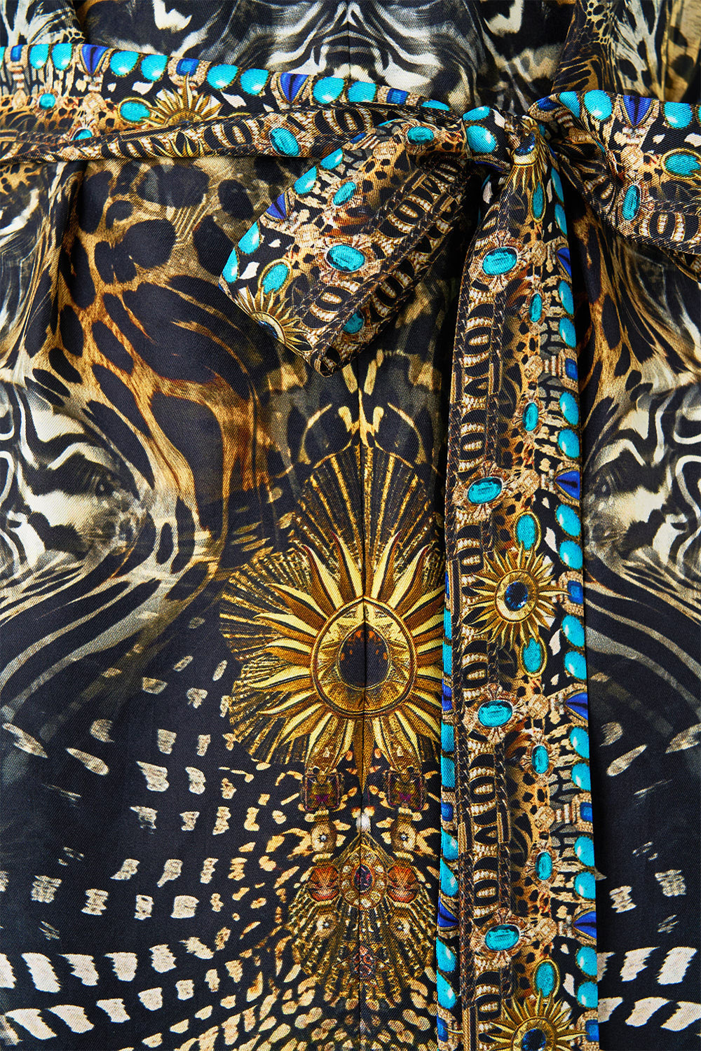 The CAMILLA short sleeve kaftan with tie waist from our print feline folklore