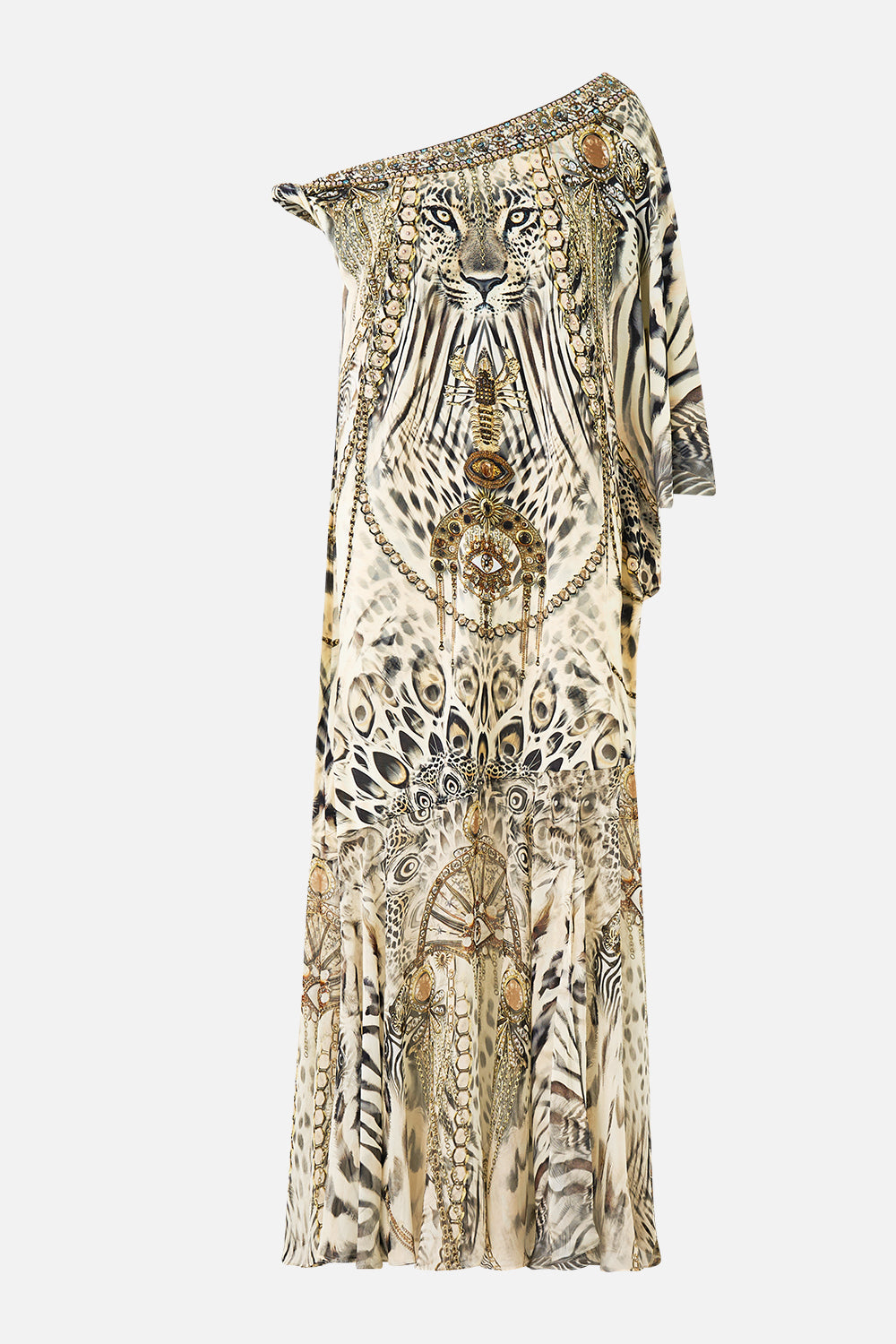 The CAMILLA TWISTED ONE SHOULDER DRESS LADY LIONHEART in our  print.