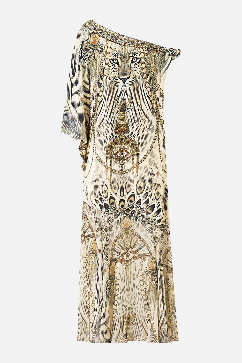 The CAMILLA TWISTED ONE SHOULDER DRESS LADY LIONHEART in our  print.