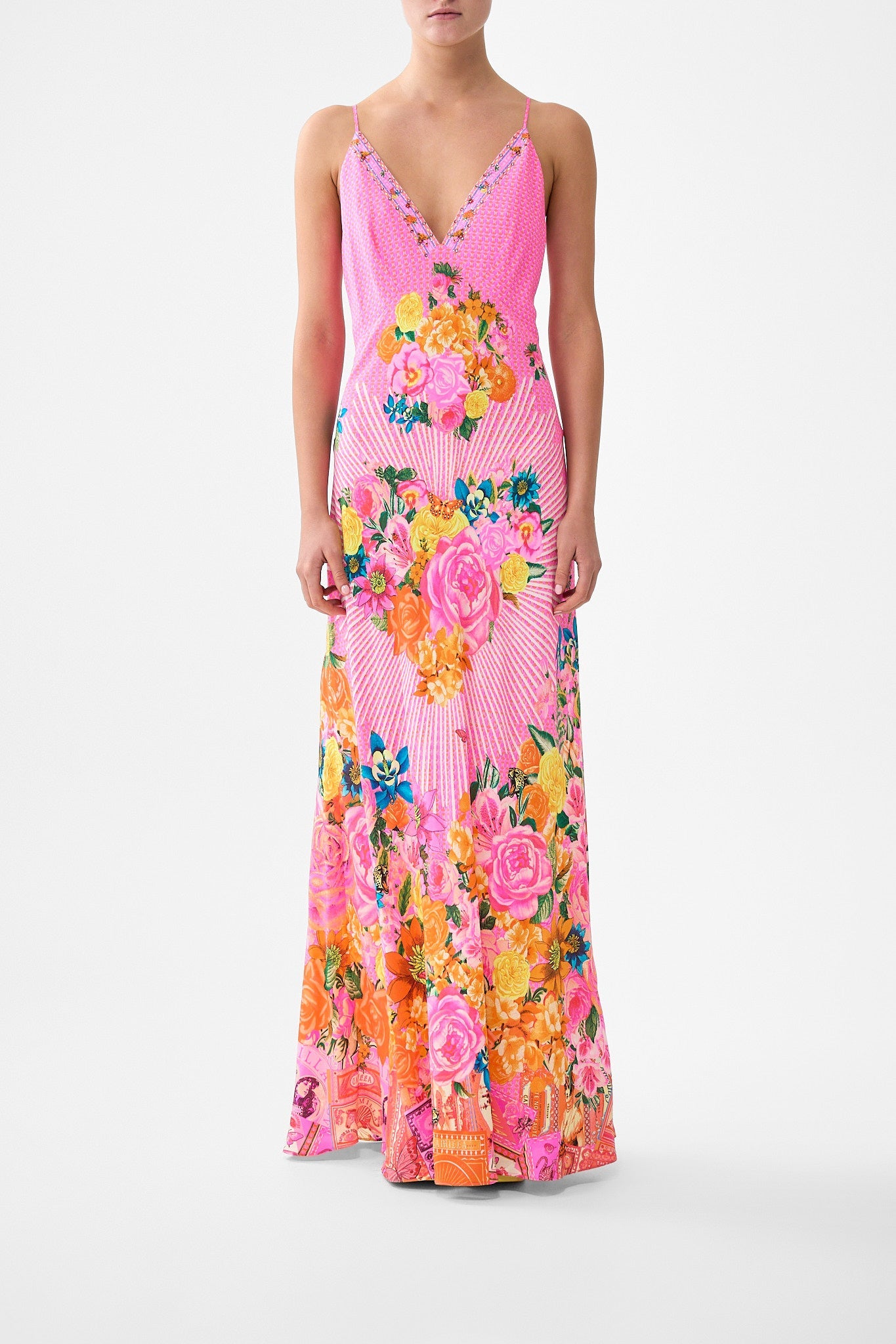 V-NECK FULL LENGTH BIAS SLIP DRESS ILLUSTRATION NATION