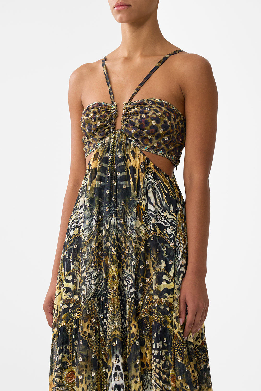 The CAMILLA GATHERED CUT OUT DRESS FELINE FOLKLORE in our  print.