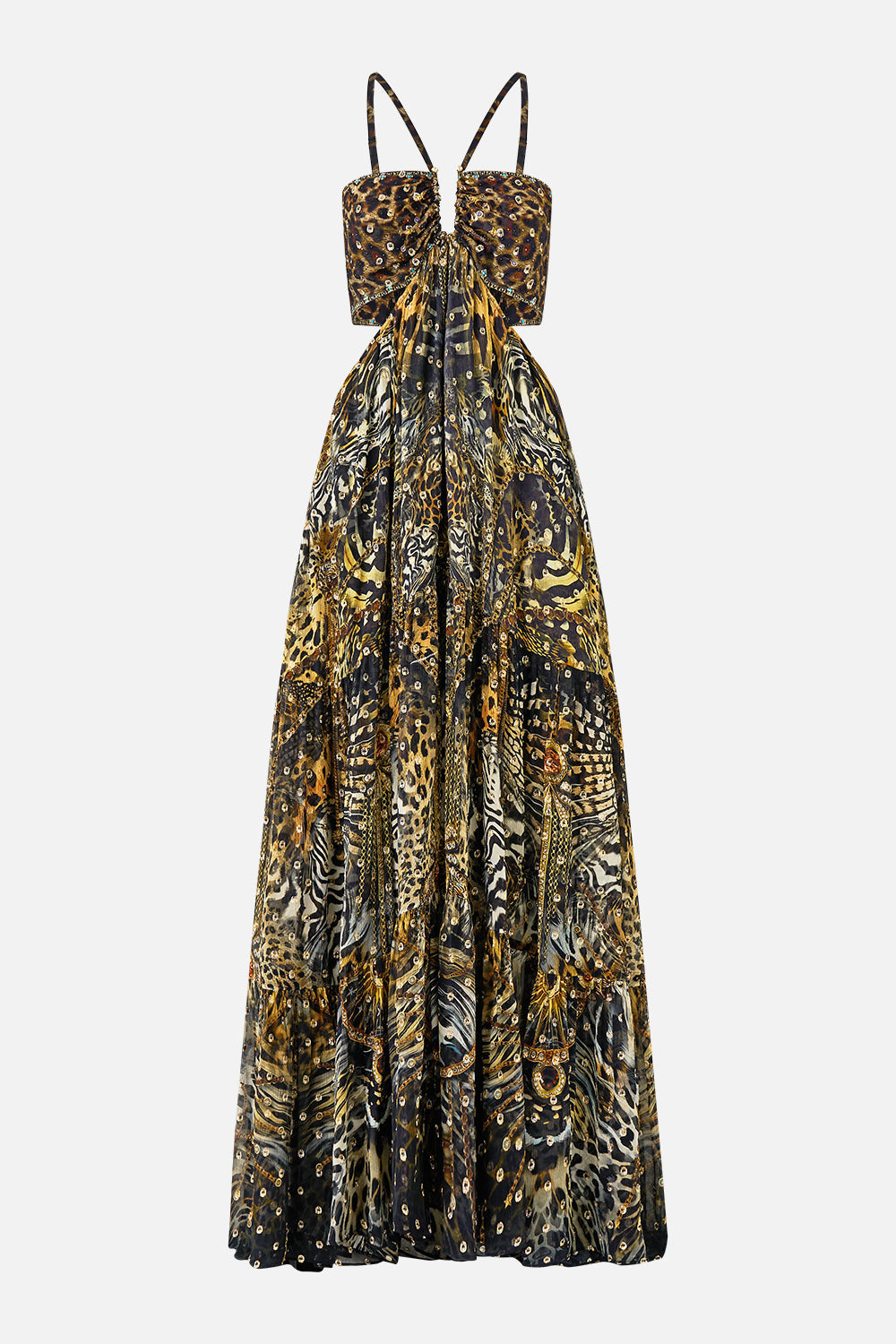 The CAMILLA GATHERED CUT OUT DRESS FELINE FOLKLORE in our  print.