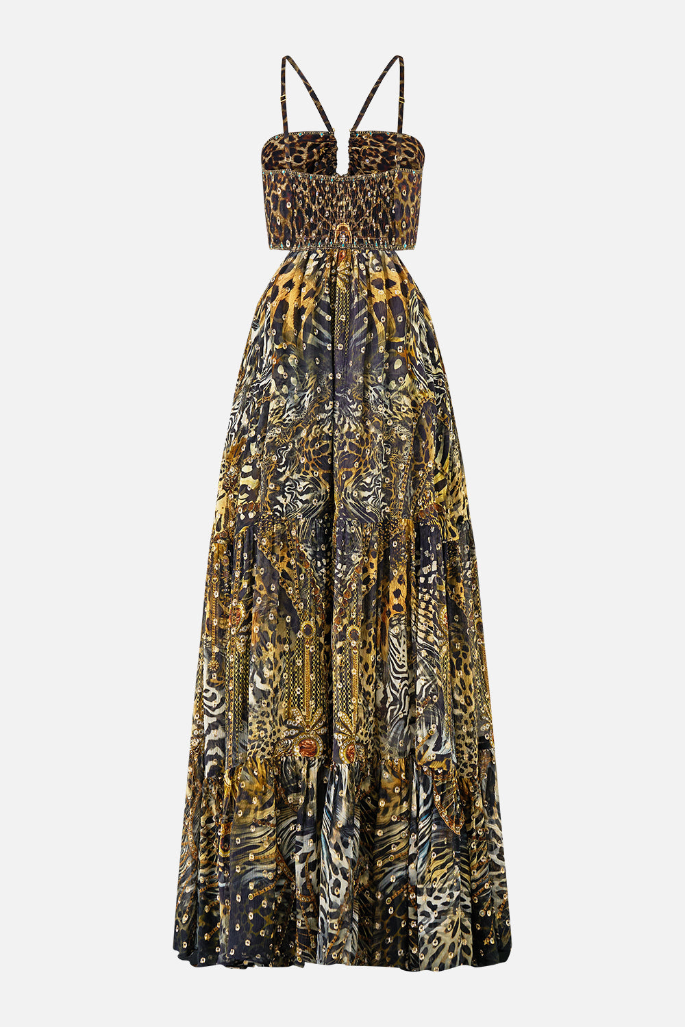 The CAMILLA GATHERED CUT OUT DRESS FELINE FOLKLORE in our  print.
