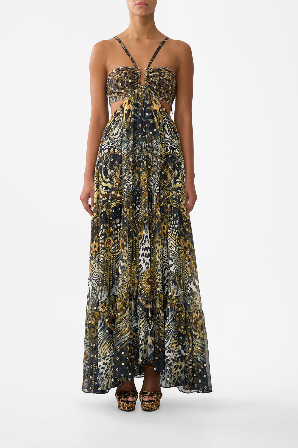 The CAMILLA GATHERED CUT OUT DRESS FELINE FOLKLORE in our FELINE FOLKLORE print.