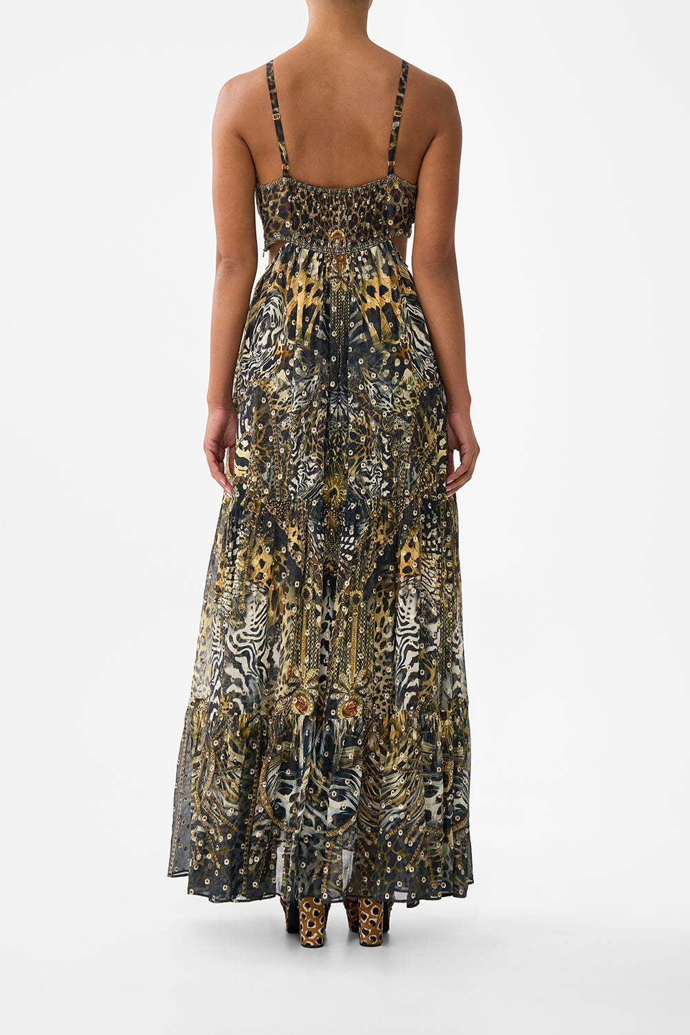 The CAMILLA GATHERED CUT OUT DRESS FELINE FOLKLORE in our  print.