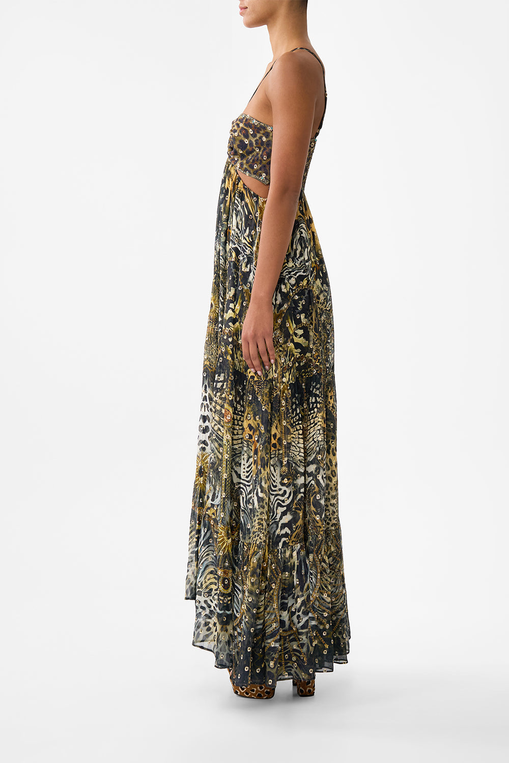 The CAMILLA GATHERED CUT OUT DRESS FELINE FOLKLORE in our  print.