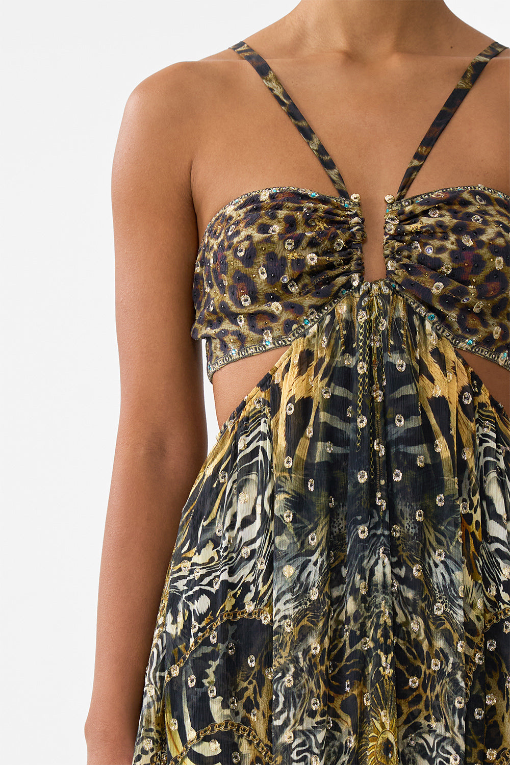 The CAMILLA GATHERED CUT OUT DRESS FELINE FOLKLORE in our  print.
