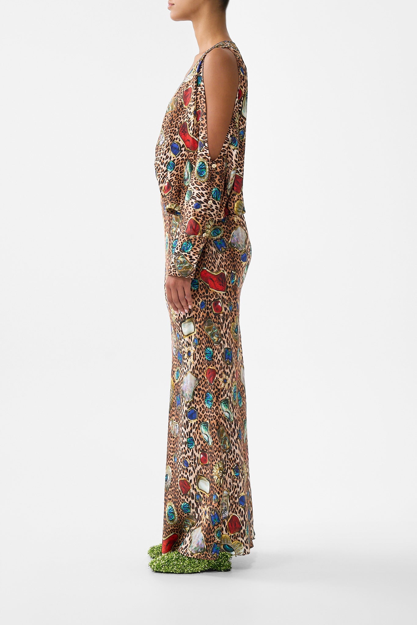 The CAMILLA PLUNGE NECK DRAPED SHOULDER DRESS NAZAR NIRVANA in our  print.