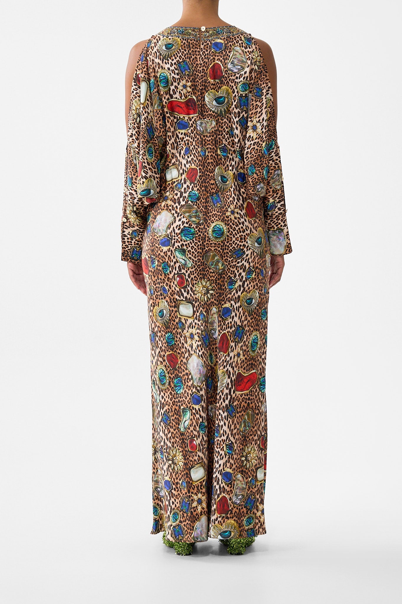 The CAMILLA PLUNGE NECK DRAPED SHOULDER DRESS NAZAR NIRVANA in our  print.
