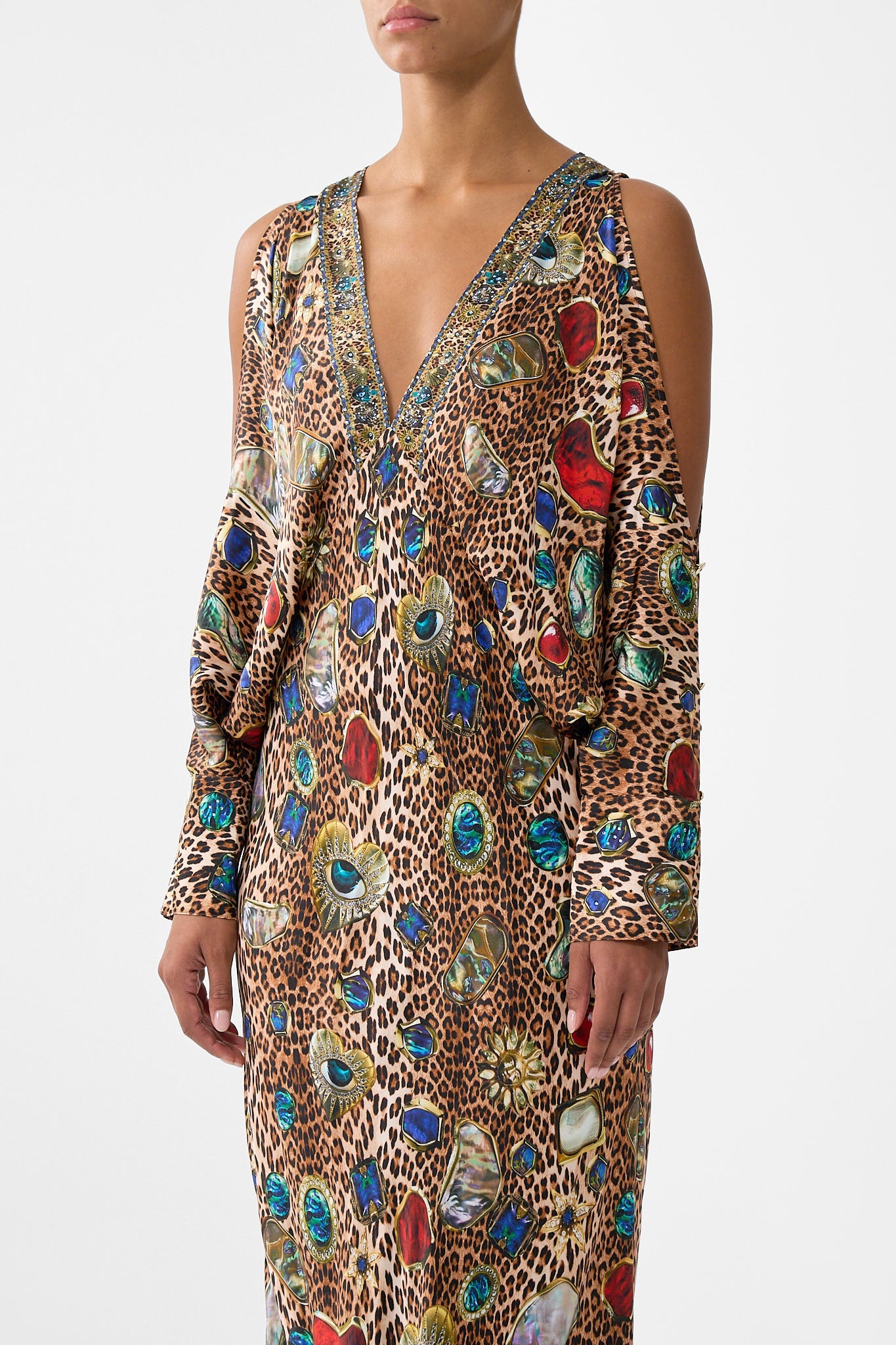The CAMILLA PLUNGE NECK DRAPED SHOULDER DRESS NAZAR NIRVANA in our  print.