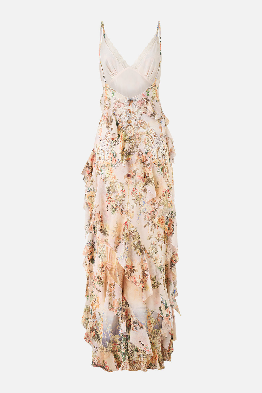 The CAMILLA ASYMMETRICAL RUFFLE SLIP DRESS TWILIGHT IN ISTANBUL in our  print.