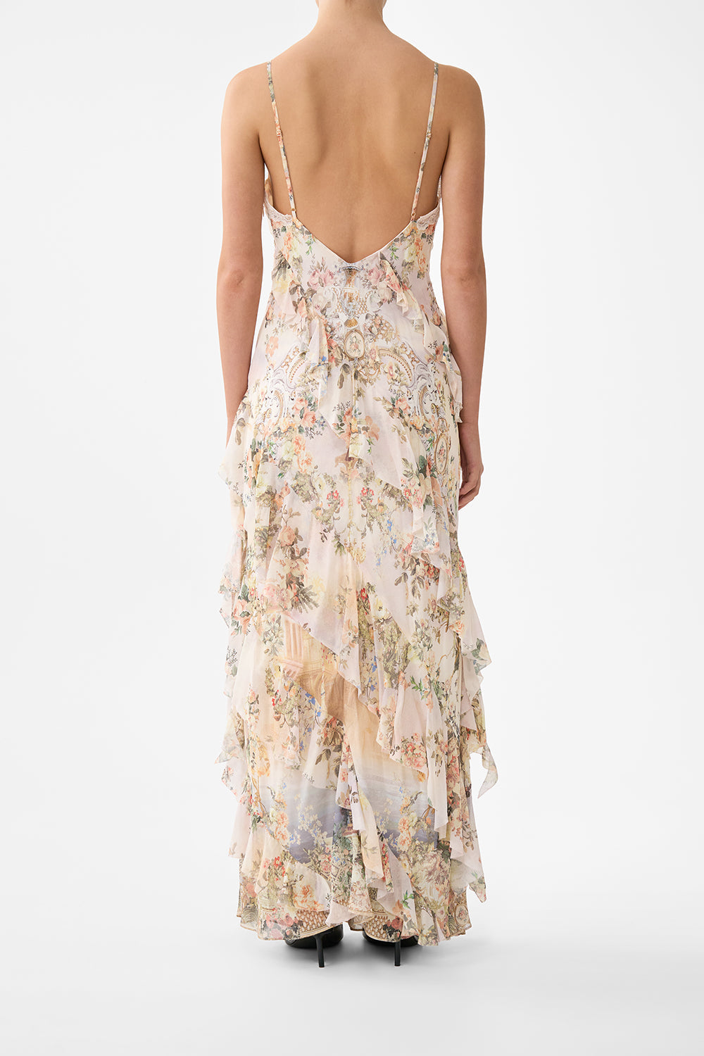 The CAMILLA ASYMMETRICAL RUFFLE SLIP DRESS TWILIGHT IN ISTANBUL in our  print.