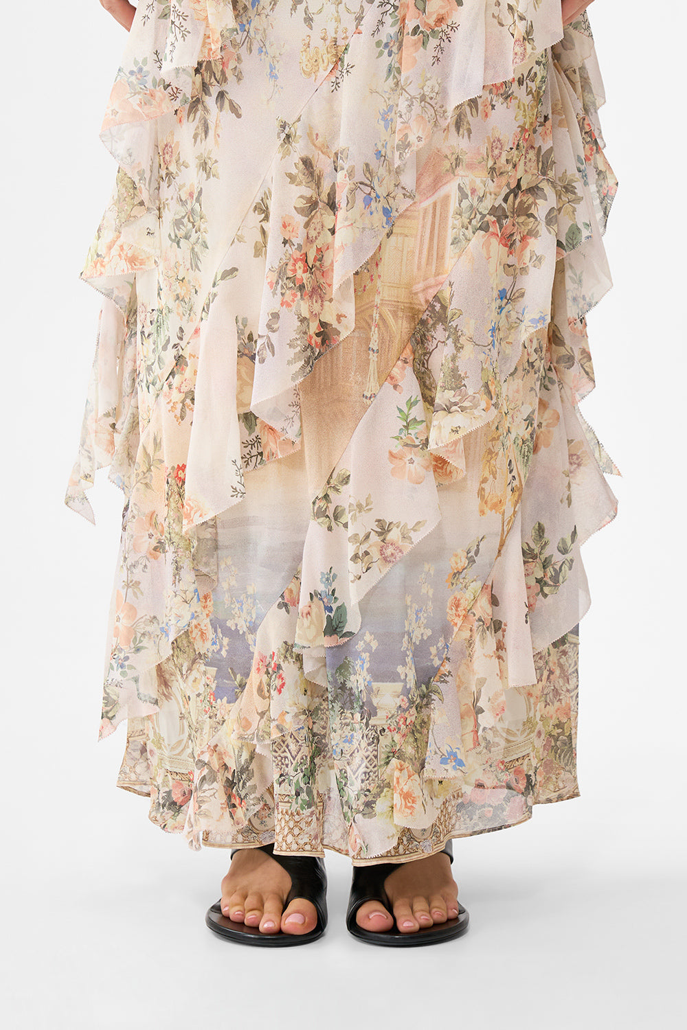 The CAMILLA ASYMMETRICAL RUFFLE SLIP DRESS TWILIGHT IN ISTANBUL in our  print.