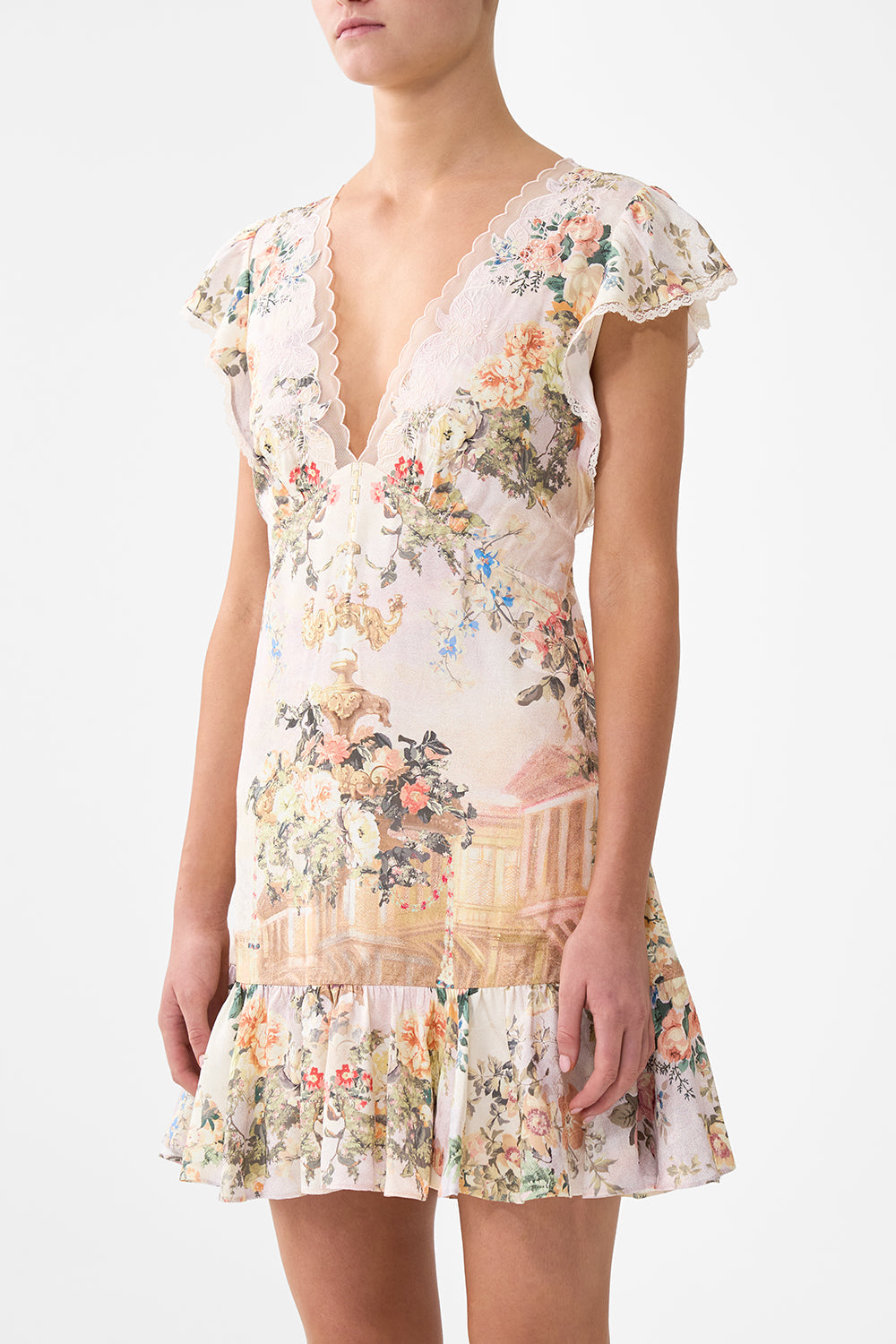 The CAMILLA RUFFLE SLEEVE SHORT DRESS TWILIGHT IN ISTANBUL in our  print.