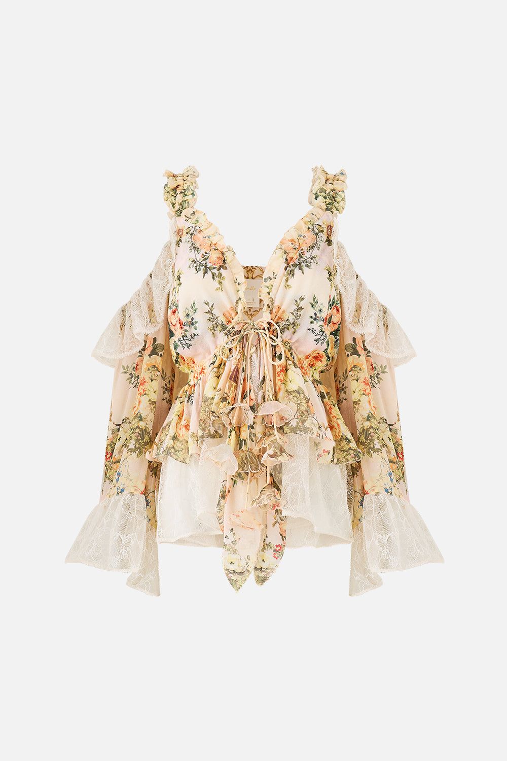 The CAMILLA COLD SHOULDER RUFFLE TOP TWILIGHT IN ISTANBUL in our  print.