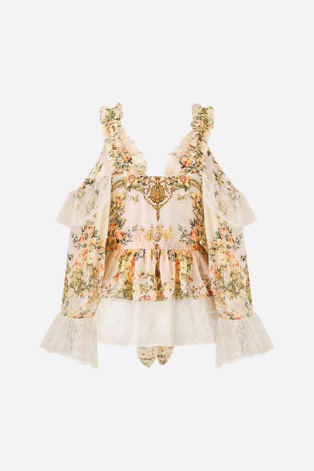 The CAMILLA COLD SHOULDER RUFFLE TOP TWILIGHT IN ISTANBUL in our  print.