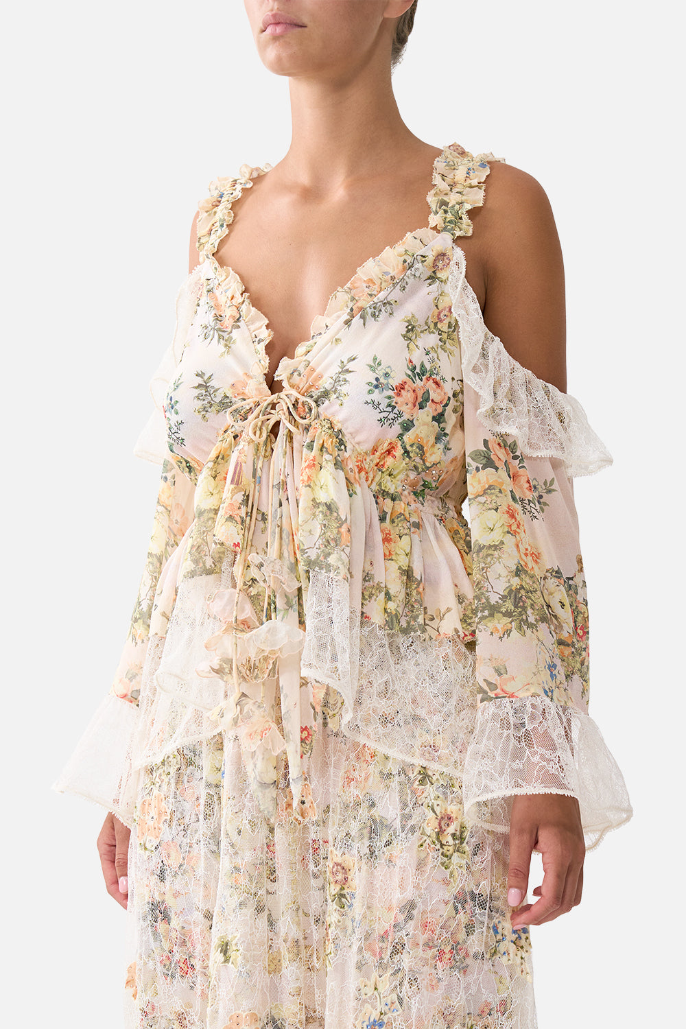 The CAMILLA COLD SHOULDER RUFFLE TOP TWILIGHT IN ISTANBUL in our  print.