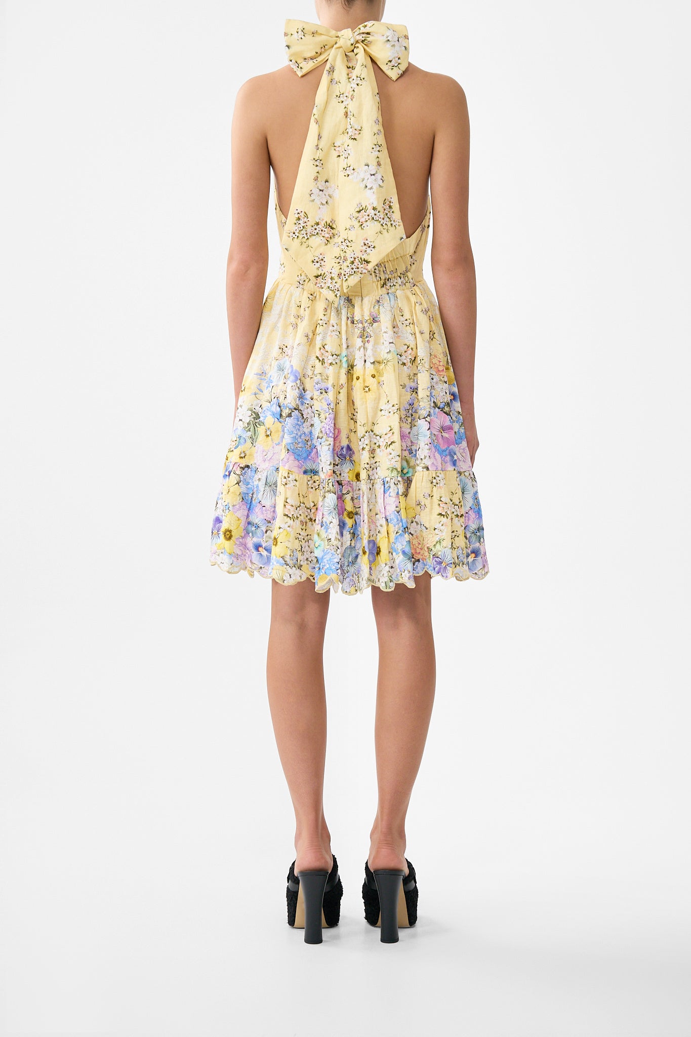 The CAMILLA RUFFLE HEM HALTER SHORT DRESS DARLING BUDS in our  print.