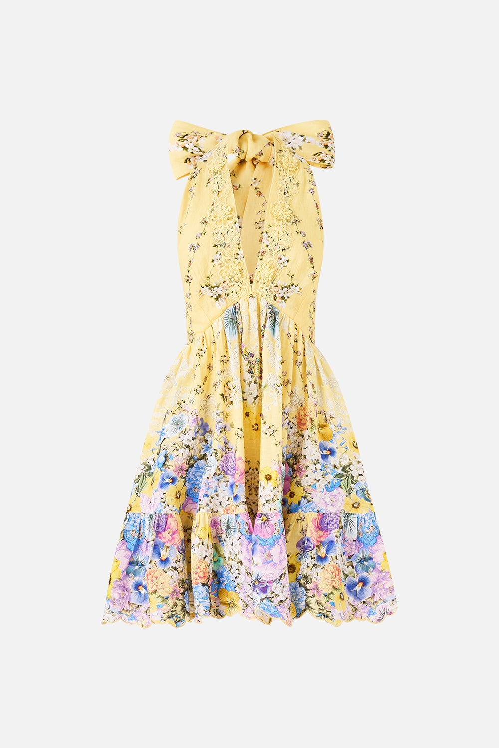 The CAMILLA RUFFLE HEM HALTER SHORT DRESS DARLING BUDS in our  print.