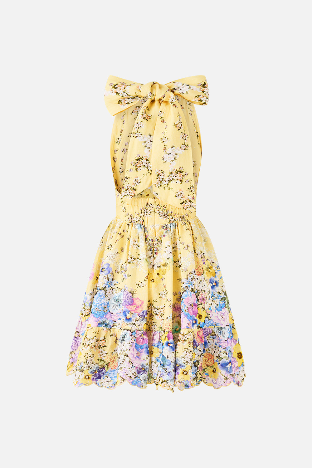 The CAMILLA RUFFLE HEM HALTER SHORT DRESS DARLING BUDS in our  print.