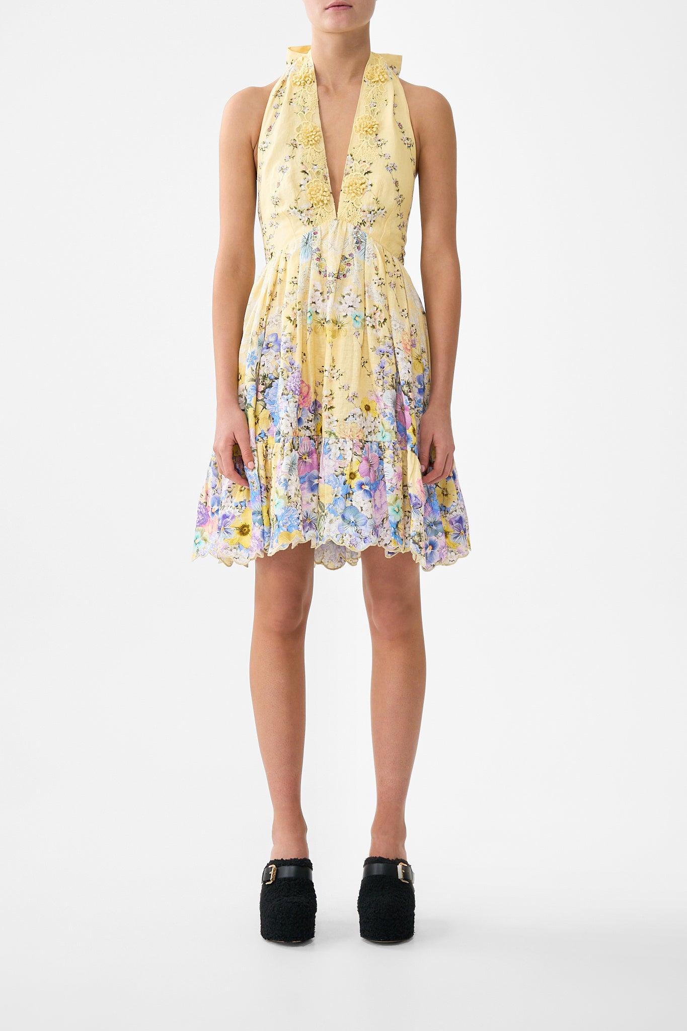 The CAMILLA RUFFLE HEM HALTER SHORT DRESS DARLING BUDS in our DARLING BUDS print.