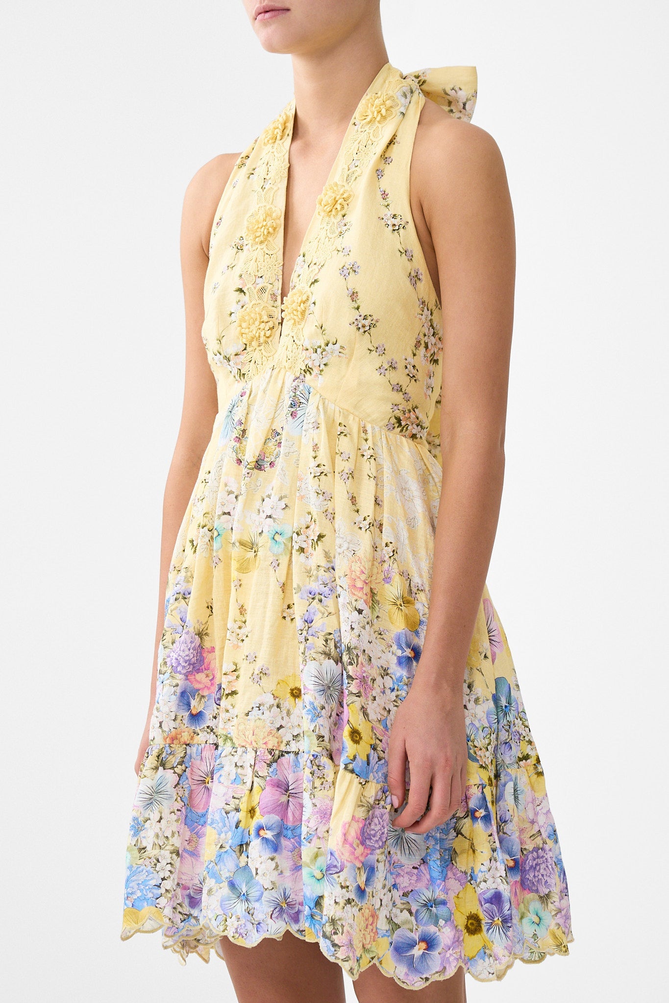 The CAMILLA RUFFLE HEM HALTER SHORT DRESS DARLING BUDS in our  print.