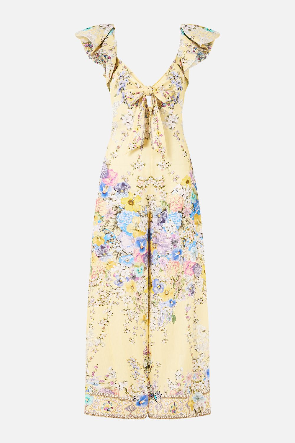 The CAMILLA TIE FRONT FRILL SLEEVE JUMPSUIT DARLING BUDS in our  print.