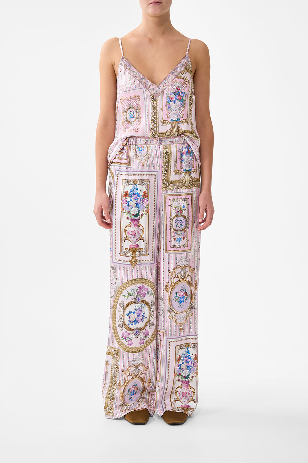 The CAMILLA button front lounge pant from our print palatial pastels